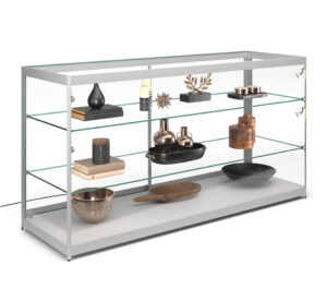 72” Retail Display Counter w/ 4 LED Lights, Sliding Doors, Ships Assembled - Silver