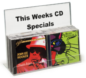 Acrylic Display Rack w/ Header, 2 Pockets, Holds 10 CDs - Clear