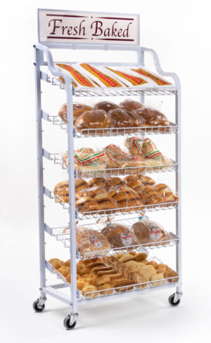 Bakery Display Rack w/ Wheels, 6 Shelves & Header - White