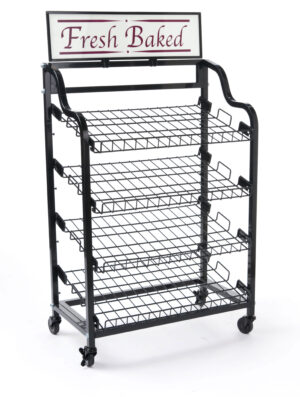 Bakery Display Rack w/ Wheels, Adjustable Shelves & Header - Black