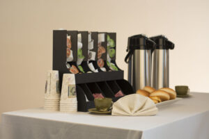 Coffee Station Organizer, 10 Compartments w/ Clear Front, Tabletop - Black