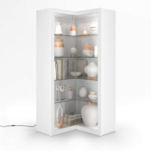 Corner Contemporary Display Cabinet with LED Lighting, Adjustable Shelves - White