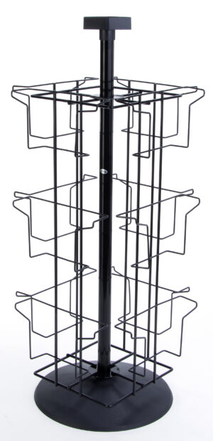 Counter Rotating Greeting Card Display w/ Sign Clip, 12 Horizontal Pockets - Black