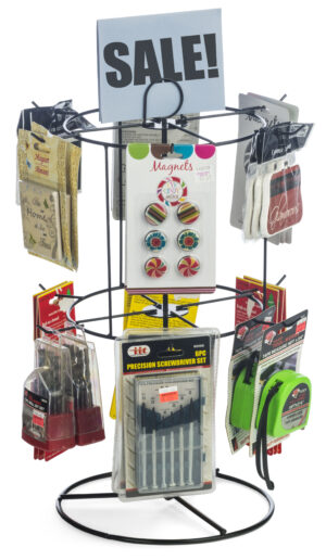 Counter Spinner Rack w/ Sign Holder, 2 Tiers, (12) 2.125" Hooks - Black