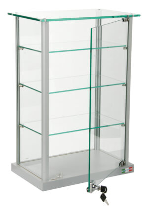 Countertop Display Case w/ Glass Canopy Top, 3 Shelves - Silver