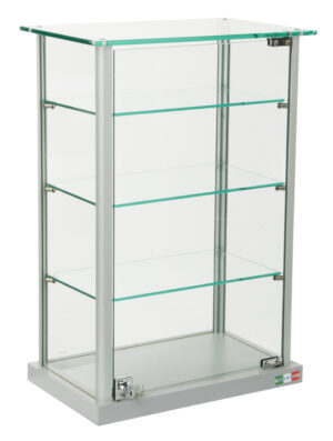 Countertop Display Case w/ Glass Canopy Top, 3 Shelves - Silver