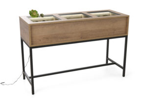 Display Case Table with Tempered Glass Top, Locking Drawers, Steel Base - Natural