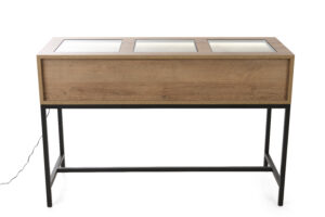 Display Case Table with Tempered Glass Top, Locking Drawers, Steel Base - Natural