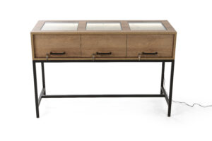 Display Case Table with Tempered Glass Top, Locking Drawers, Steel Base - Natural
