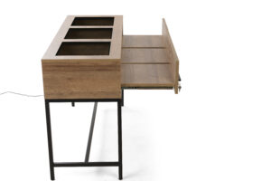Display Case Table with Tempered Glass Top, Locking Drawers, Steel Base - Natural