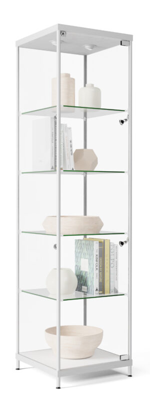 Display Case w/ LED Lighting, 4 Fixed Shelves & Locking Door - Silver