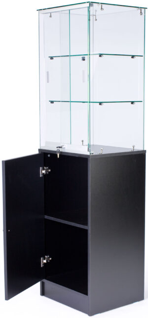 Display Case w/ Tempered Glass Frameless Top, Black Cabinet Base & Locking Door