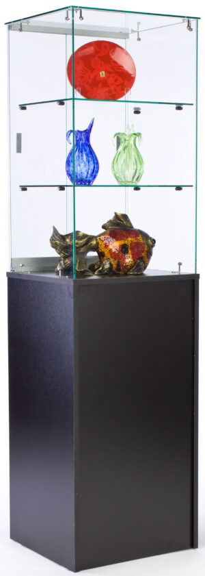 Display Case w/ Tempered Glass Frameless Top, Black Cabinet Base & Locking Door