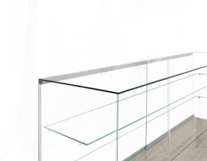 Glass Display Counter w/ Sliding Doors, Tempered Glass Shelves - Concrete Groovz