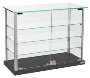 Glass Showcase w/ Clear Glass Top & (3) Shelves, (2) Locking Door - Black