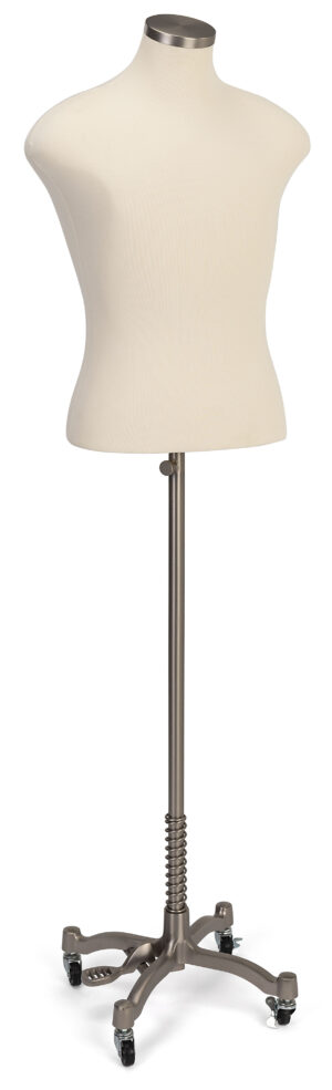 Male Dress Form with Wheeled Base, Adjustable Height - Silver