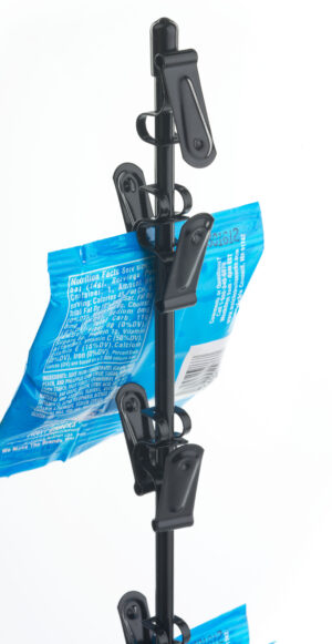 Merchandising Display w/Sign Holder, 12 Strips, Floor Standing, Steel – Black