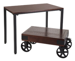 Nesting Tables, 1 Tall w/ Metal Legs, 1 Short w/ Wagon Wheels, Set of 2 – Mahogany