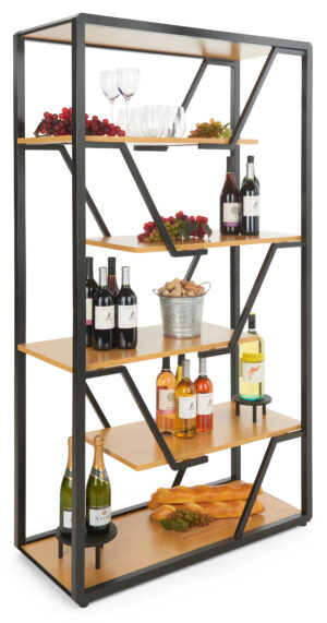 Offset Geometric Shelving Unit with Steel Frame, 6 Tiers, Open Back - Natural