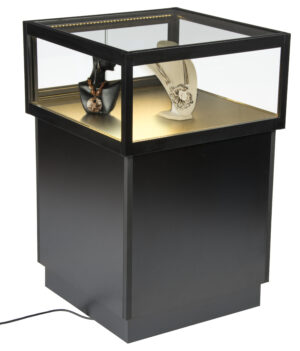 Pedestal Display Case with MDF Base, Sliding Glass Door & LED Lights - Black