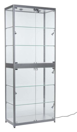 Portable Display Case w/Top & Side Lights, Locking Hinged Door, Carry Case - Silver