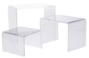 Recycled Acrylic Riser Display, U-Shaped Risers, Set of 3 - 6, 8 and 10" Wide - Clear