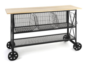 Retail Cart w/ Wheels, 47.25" W x 16.5" D x 32" H, Iron and Oak - Black