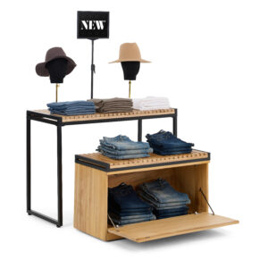 Retail Display Nesting Tables, Rectangular, Slatted Pine Wood- Natural Finish