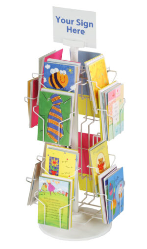 Rotating Greeting Card Display w/ Sign Clip, Countertop, 16 Pockets - White