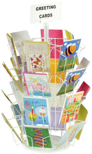 Rotating Greeting Card Display w/ Sign Clip, Countertop, 24 Pockets - White