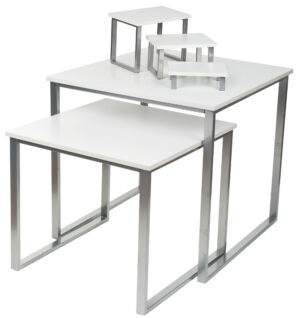 Set of 2 Nesting Tables for Floor with Set of 3 Tabletop Display Risers - White