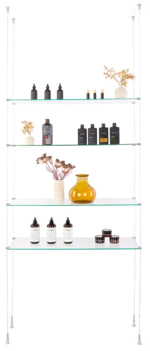 Tempered Glass Shelving with Suspended Cable System, Stainless Mounts - 2 Shelf Sizes