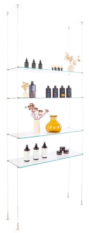 Tempered Glass Shelving with Suspended Cable System, Stainless Mounts - 2 Shelf Sizes