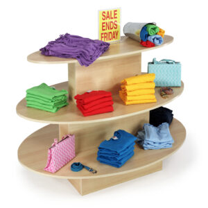 Tiered Display Table w/ 3 Shelves, Oval - Maple