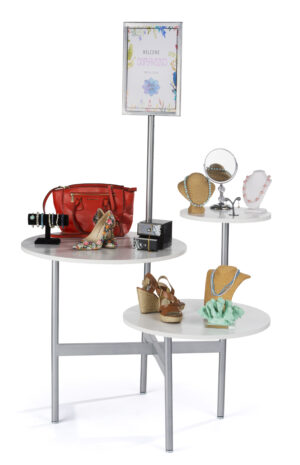 Tiered Display Table w/ 3 Shelves, Round, 11 x 17 Sign Frame - White