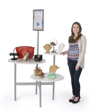 Tiered Display Table w/ 3 Shelves, Round, 11 x 17 Sign Frame - White
