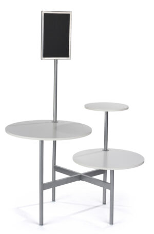 Tiered Display Table w/ 3 Shelves, Round, 11 x 17 Sign Frame - White