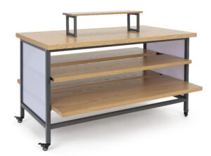 Tiered Retail Display Table w/ Wheels and Removable Top Riser - Natural Wood