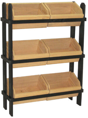 Tiered Wooden Display, Floor Standing, 6 Removable Bins - Black & Oak