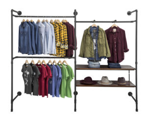Wall Mounted Pipeline Display, 2 Shelves, 1 Dual Spoke Bar, 2 Hang Racks – Dark Brown