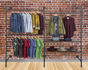 Wall Mounted Pipeline Display, 2 Shelves, 1 Dual Spoke Bar, 2 Hang Racks – Dark Brown