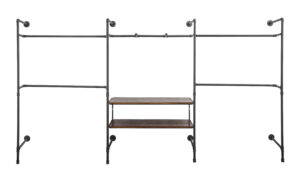 Wall Mounted Pipeline Display, 2 Shelves, 1 Dual Spoke Bar, 4 Hanger Racks – Brown