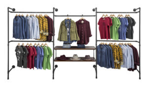 Wall Mounted Pipeline Display, 2 Shelves, 1 Dual Spoke Bar, 4 Hanger Racks – Brown