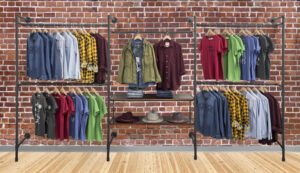 Wall Mounted Pipeline Display, 2 Shelves, 1 Dual Spoke Bar, 4 Hanger Racks – Brown