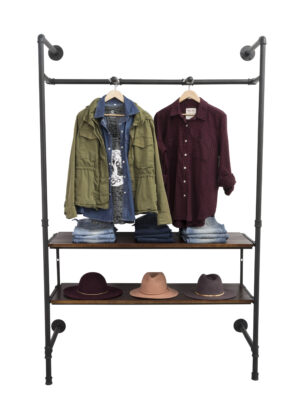 Wall Mounted Pipeline Display, 2 Shelves, 1 Dual Spoke Hanging Bar – Dark Brown