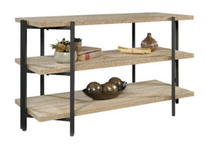 Wood and Metal Display Table with 3-Tier Design, Open Storage - Oak