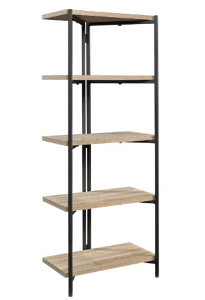 Wood and Metal Shelving Unit with 5-Tier Design, Closed Back - Oak