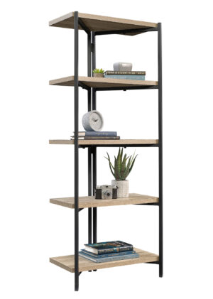 Wood and Metal Shelving Unit with 5-Tier Design, Closed Back - Oak
