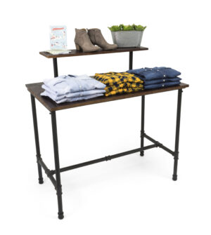 Wooden Pipeline Nesting Table, Removable Shelf, Rectangular, Metal Legs – Dark Brown