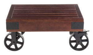 Wooden Retail Table with Wagon Wheels, 2 Locking – Mahogany